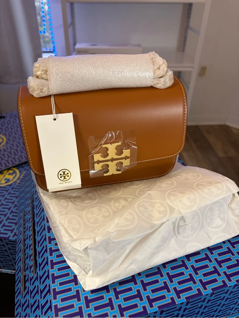 Tory Burch Cognac Leather Crossbody Shoulder Bag with Logo Turnlock
